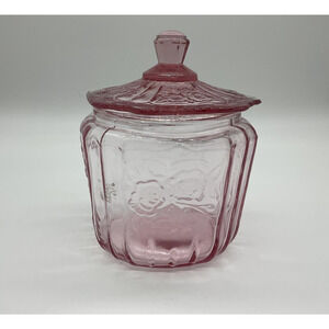 Vintage Pink Pressed Glass Bottle With Lid Floral Pattern Canister Unmarked